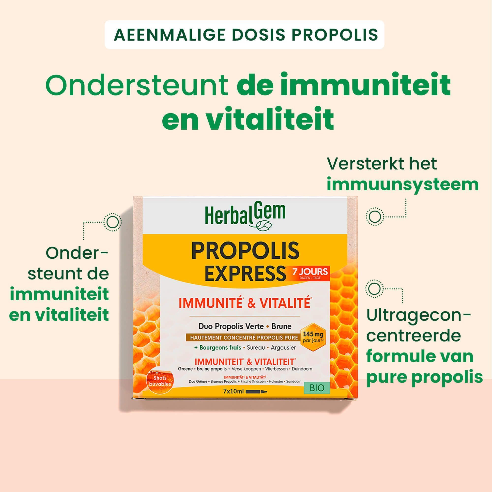 Verpakking Monodoses Propolis Express. Gele en witte verpakking met tekst. Ondersteunt immuniteit en vitaliteit.