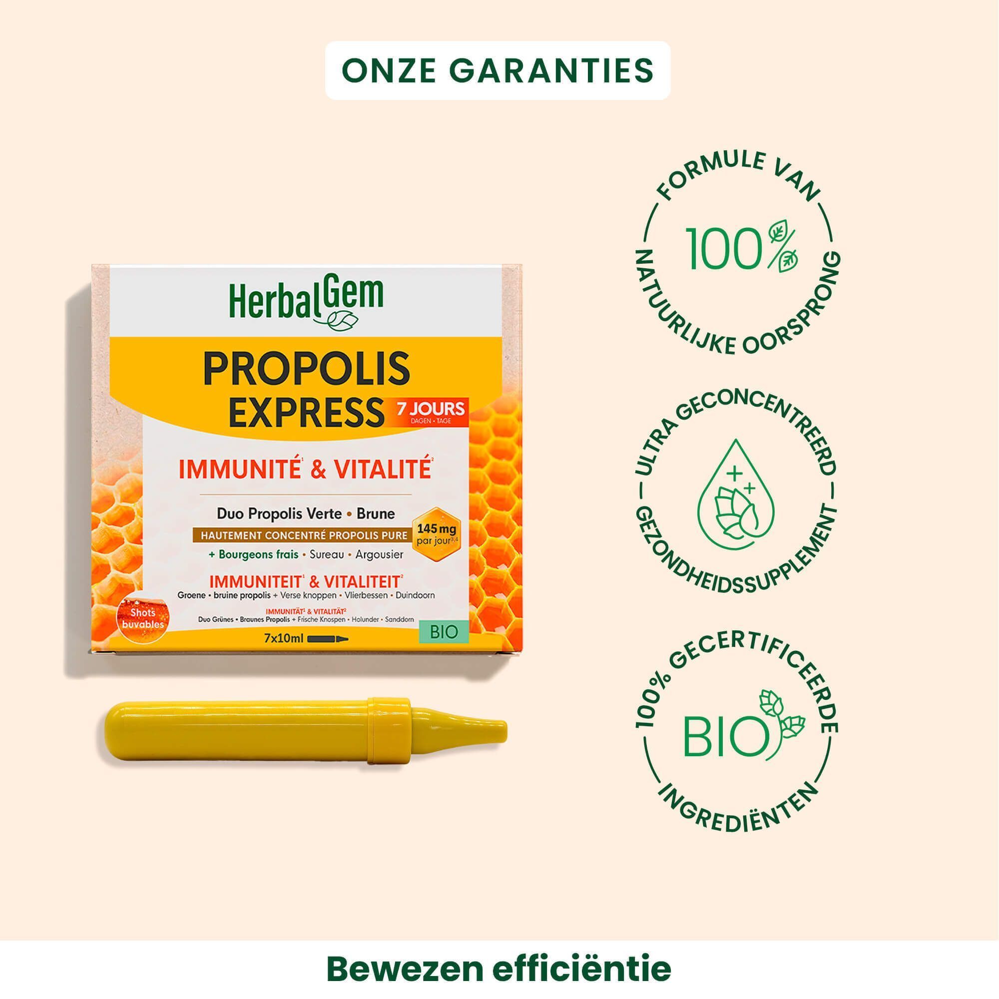 Verpakking Monodoses Propolis Express met gele monodosis. Bio-certificering. 100% natuurlijke ingrediënten.