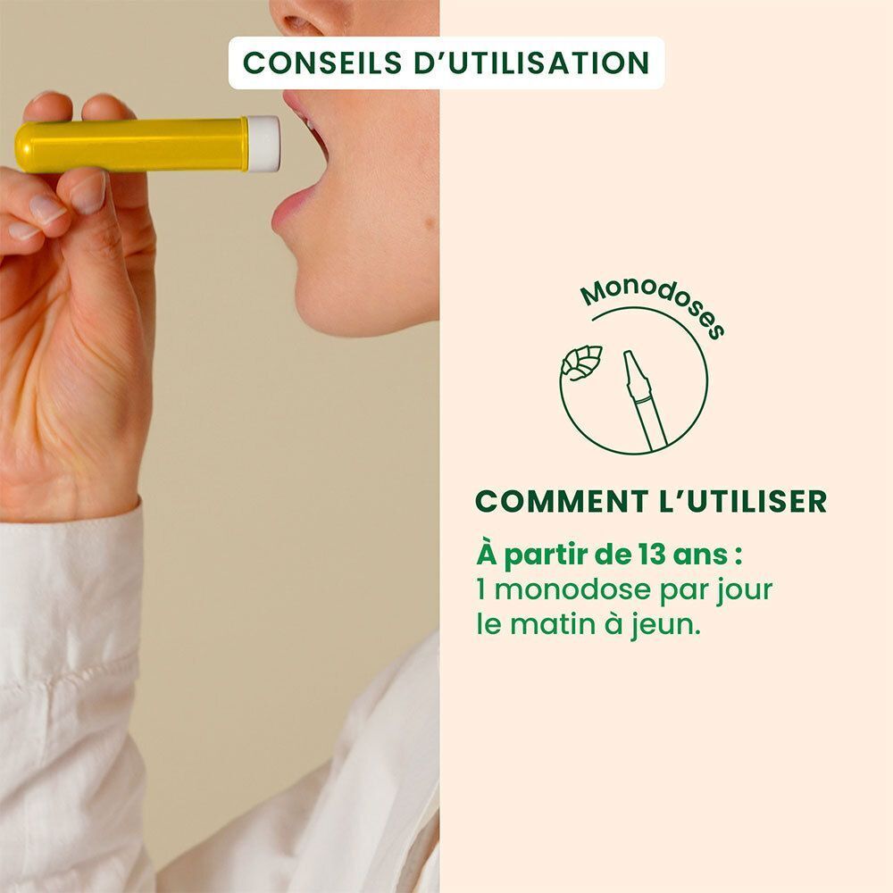 Personne prend une monodose jaune en bouche. Mode d'emploi : à partir de 13 ans, 1 monodose par jour.