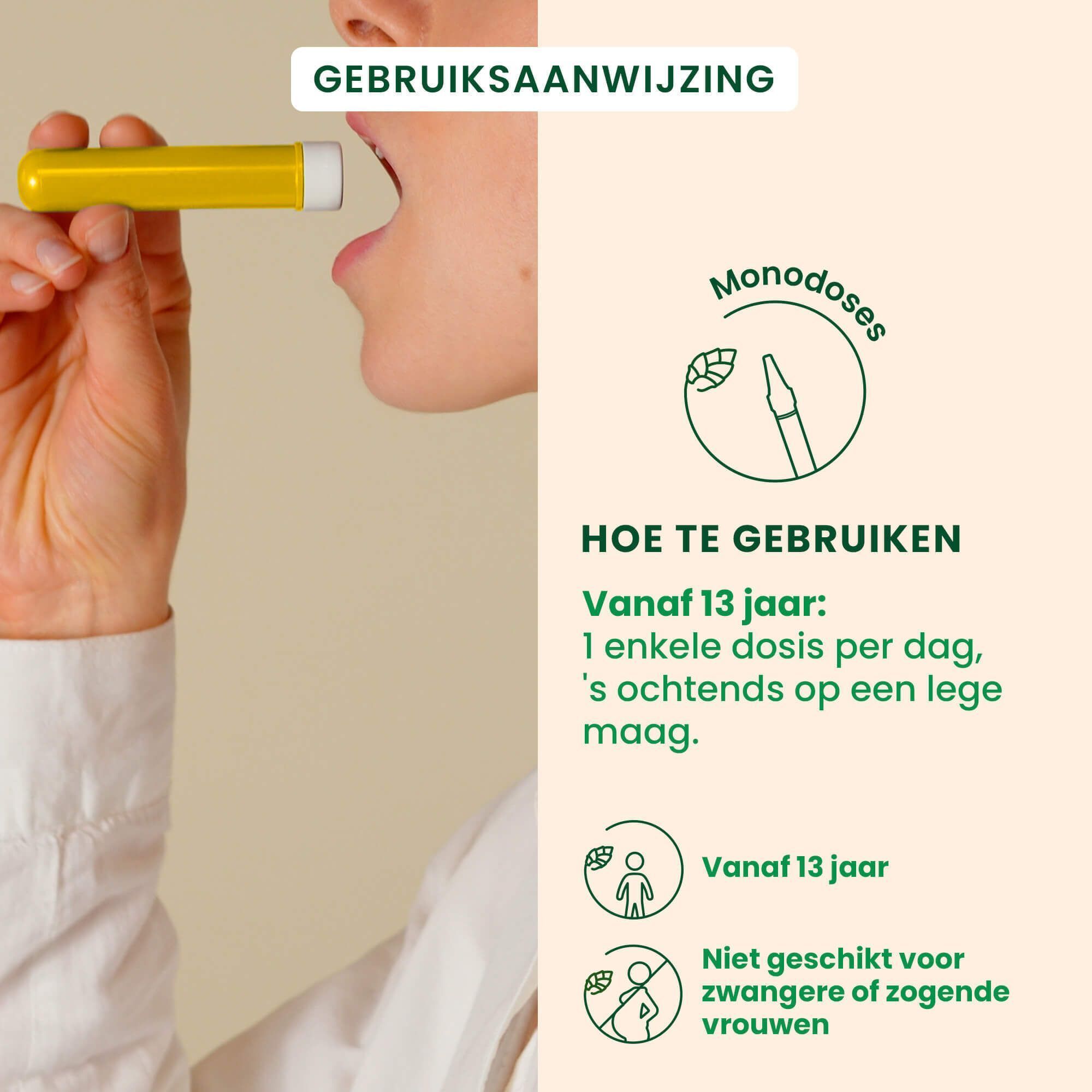 Persoon neemt een gele monodosis in de mond. Gebruiksaanwijzing: vanaf 13 jaar, 1 monodosis per dag.
