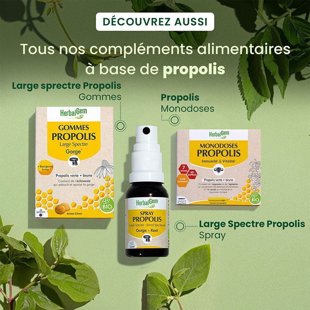 Différents produits à base de Propolis : gommes, spray et monodoses. Tous à base de propolis.