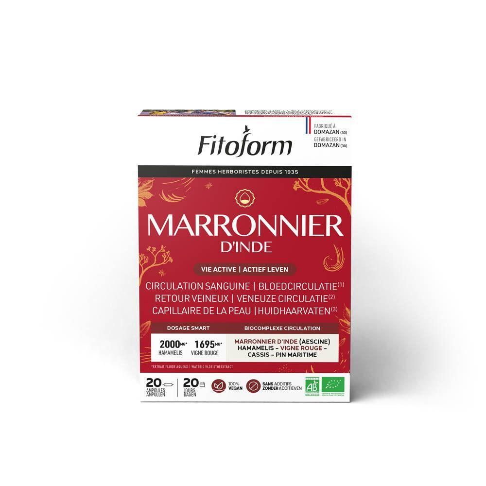 Boîte de Fitoform Marronnier d'Inde Bio. Texte rouge et blanc sur fond rouge. Contient 20 comprimés. Label bio.