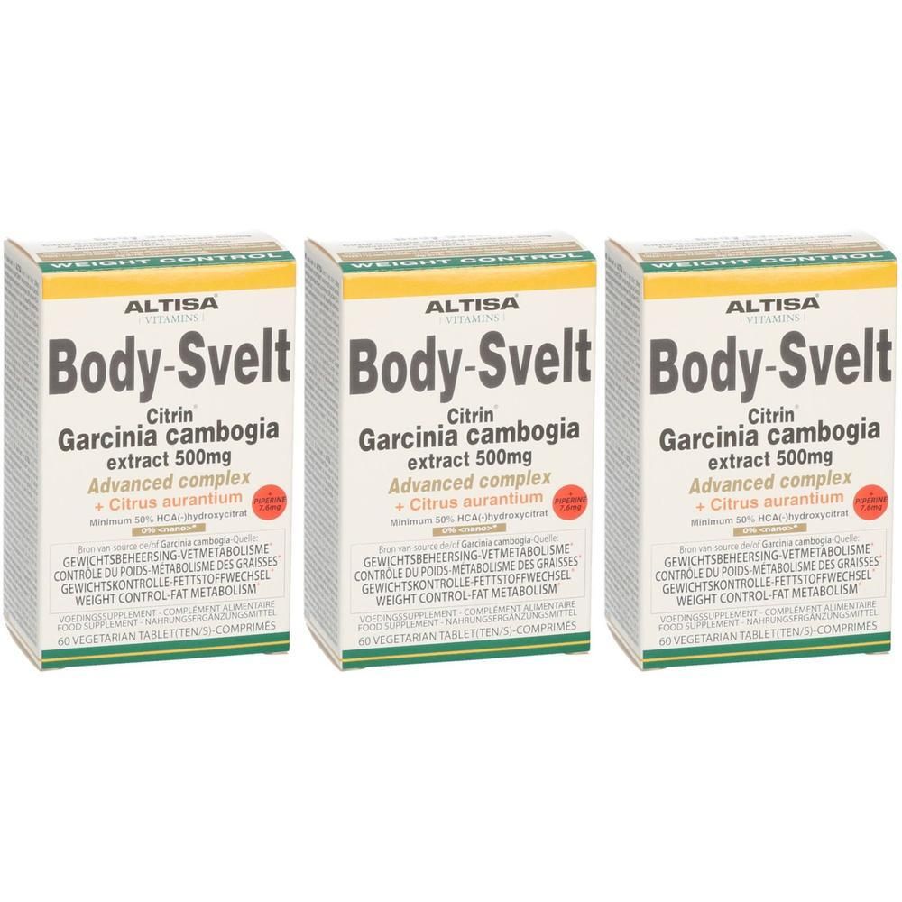 Drie dozen Altisa Body-Svelt. Opschrift: Citrin, Garcinia cambogia, Advanced complex, Citrus aurantium. Gewichtbeheersing.