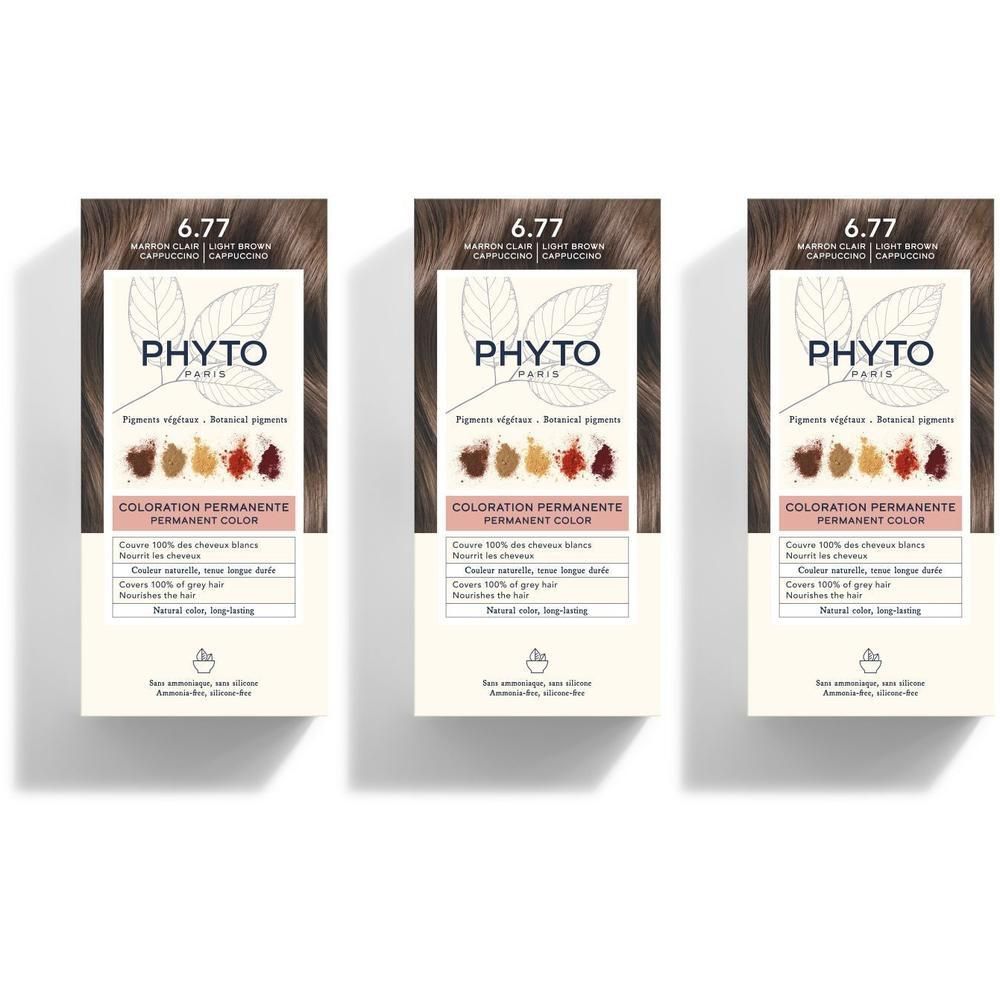 Trois boîtes de Phyto Phytocolor 6.77. Inscription: Marron Clair Cappuccino, Coloration Permanente. Logo et informations produit.