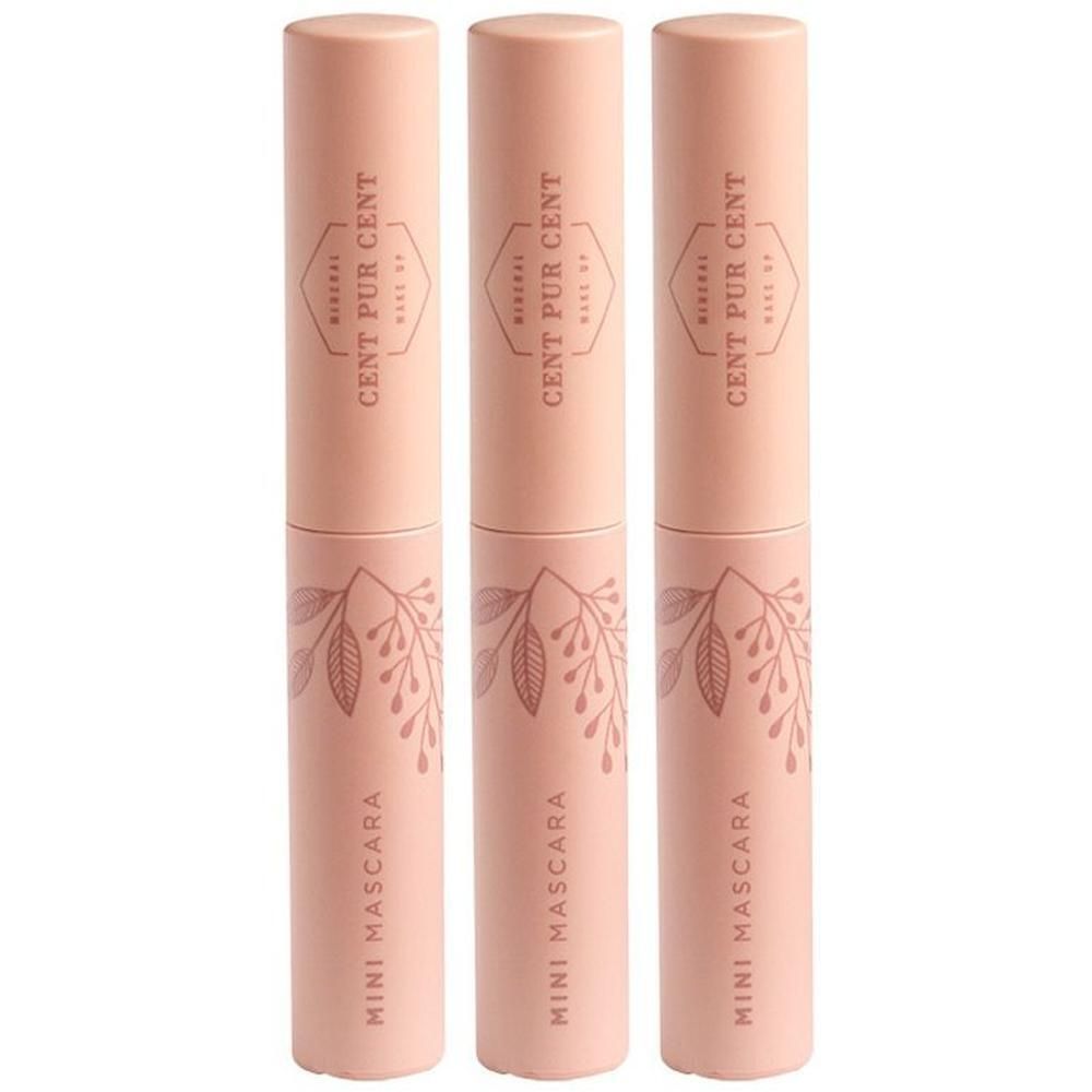 Drie roze Mini Mascara tubes van Cent Pur Cent. Met tekst en bloemmotief.