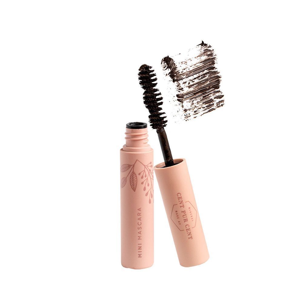 Tube de Mini Mascara rose ouvert, brosse et trace de couleur. Marque : Cent Pur Cent.