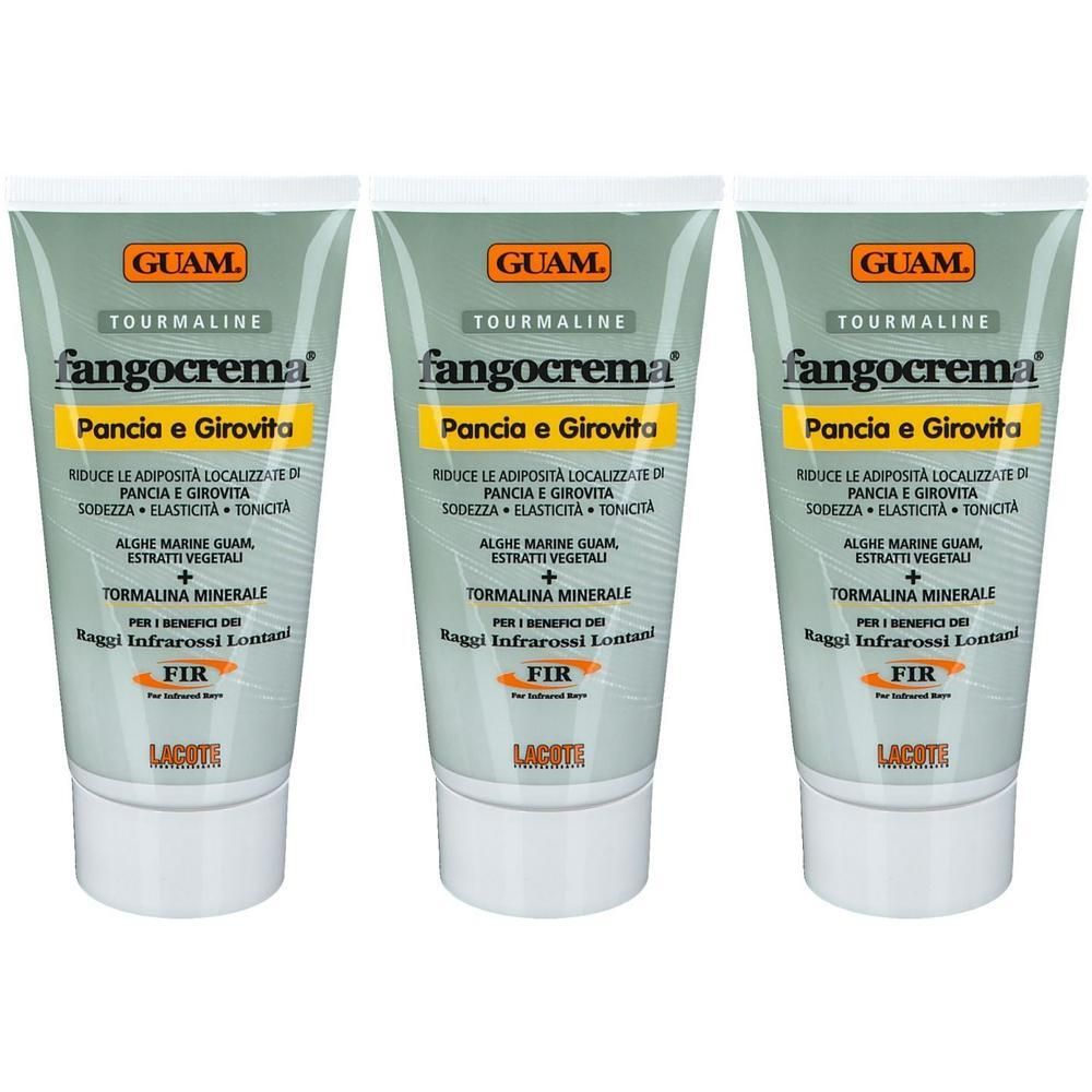 Trois tubes de crème. Inscriptions : "GUAM", "fangocrema", et "Pancia e Girovita". Fond vert et blanc.