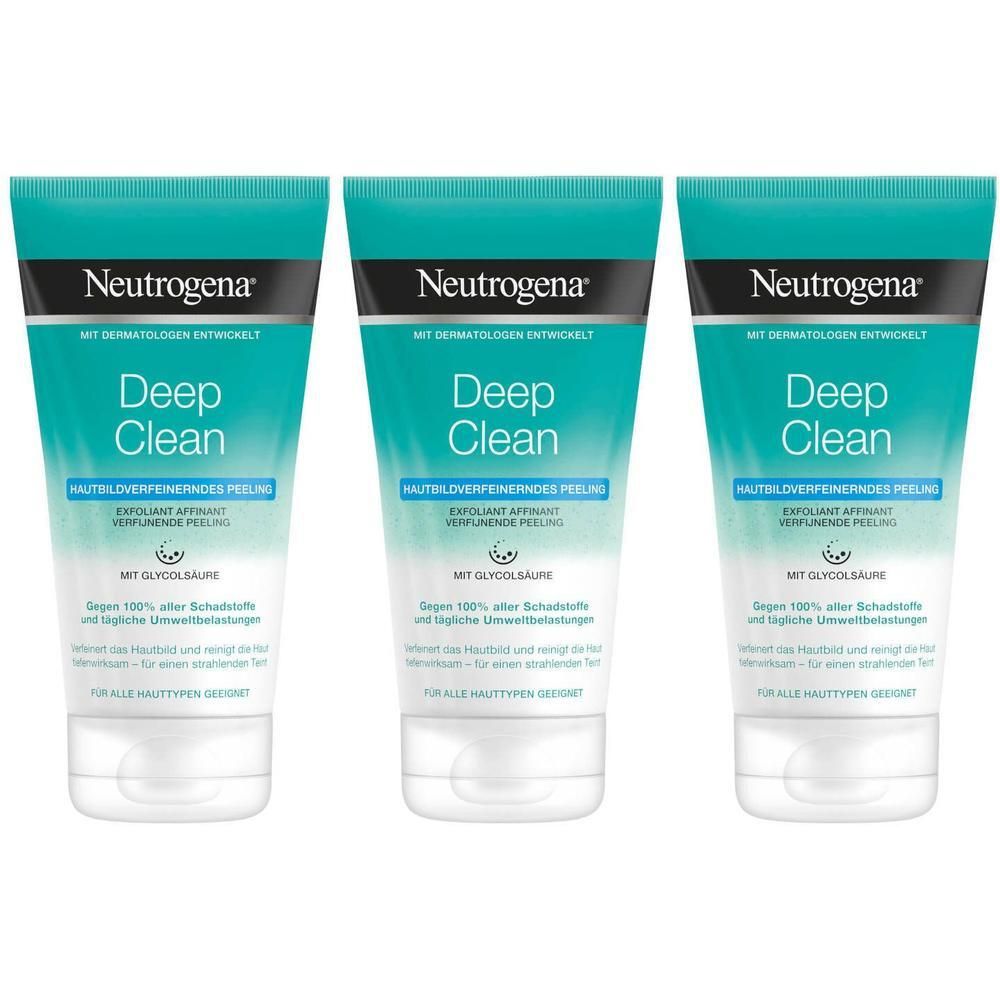 Trois tubes de Neutrogena Deep Clean. Emballage turquoise et blanc. Texte noir. Nom du produit et informations sur le devant.