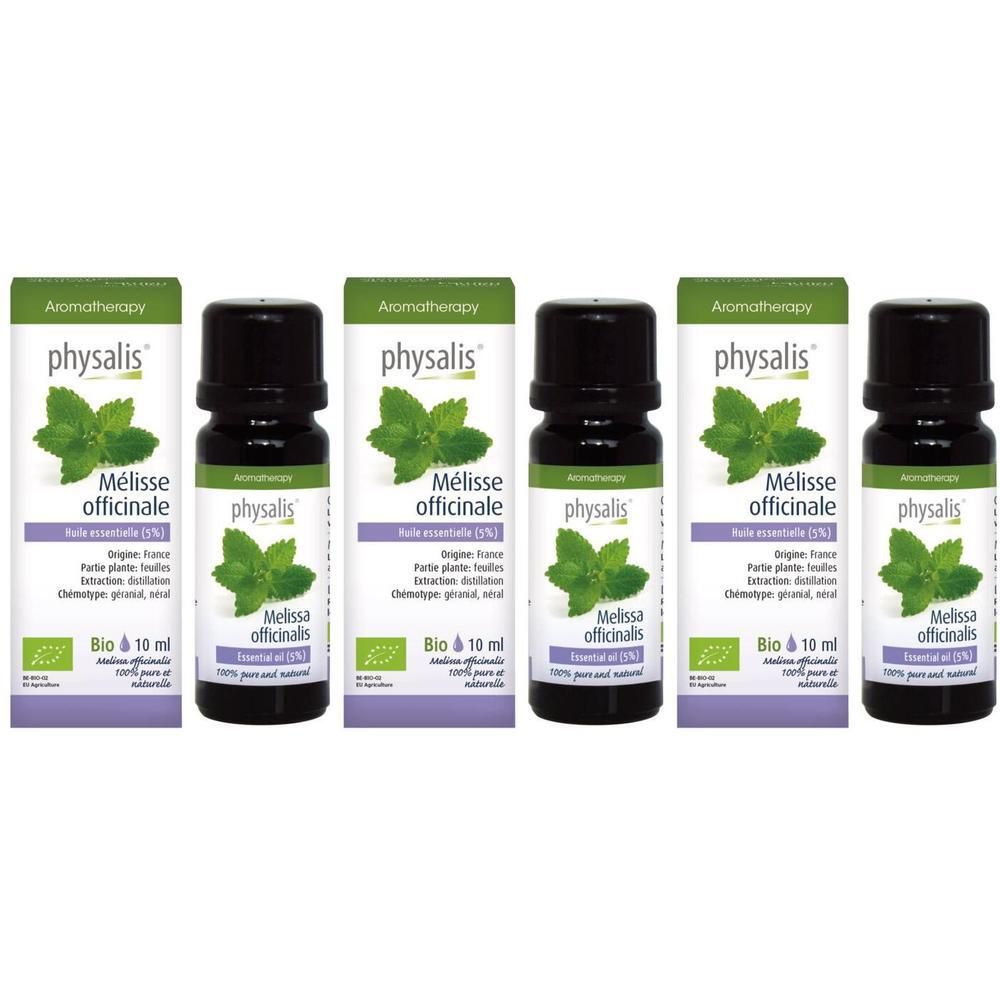 Cinq flacons et emballages de Mélisse officinale. Inscription : Bio & 10 ml. Label AB.