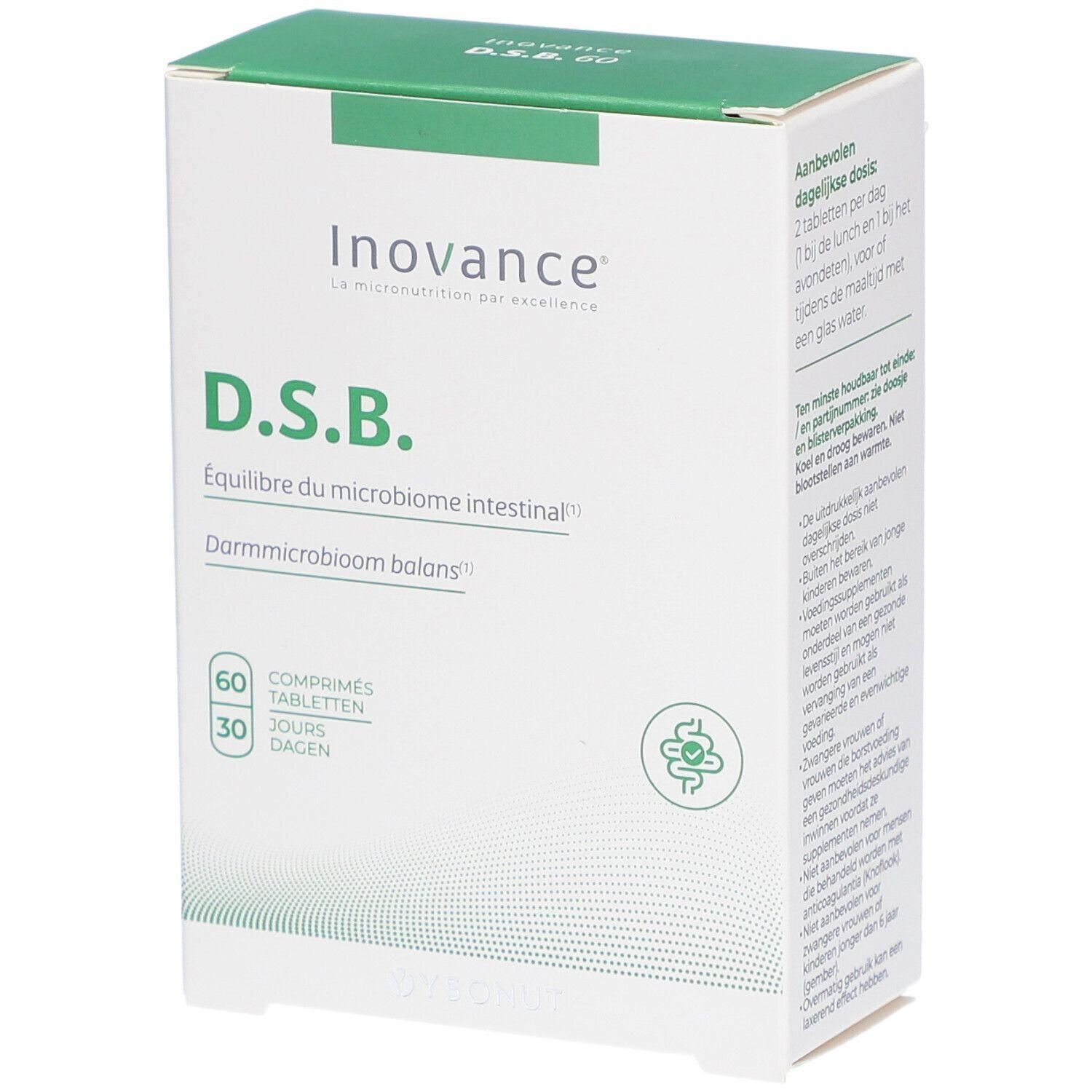 Boîte de comprimés Inovance D.S.B. Inscription : Équilibre du microbiome intestinal. 60 comprimés, 30 jours.