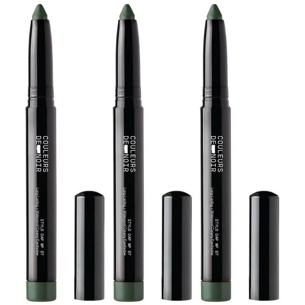 Drie groene Couleurs de Noir Stick Fard à Paupières. Zwarte stiften met groene punten en losse doppen. Tekst: STYLO CAP WP 07.