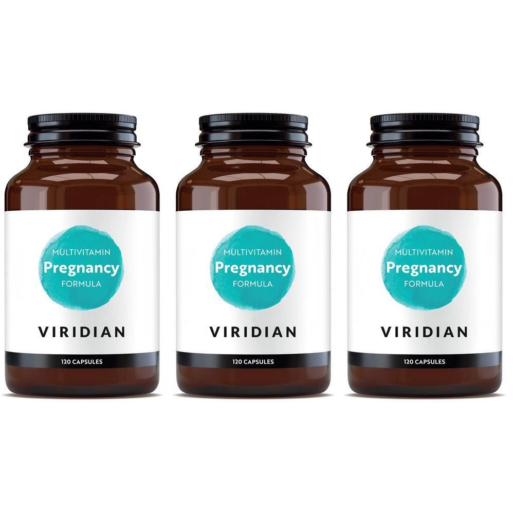 Trois flacons en verre brun avec des couvercles noirs. Les étiquettes indiquent "Multivitamin Pregnancy Formula" et "Viridian". Chaque flacon contient 120 capsules.