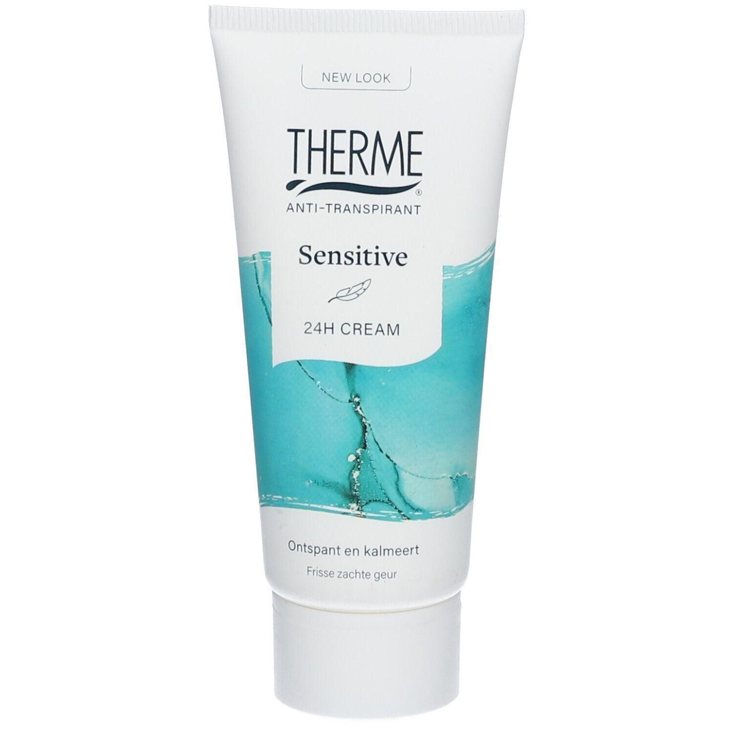 Witte en blauwe tube. Opschrift THERME, ANTI-TRANSPIRANT, Sensitive, 24H CREAM. Tekst: Ontspant en kalmeert, Frisse zachte geur.