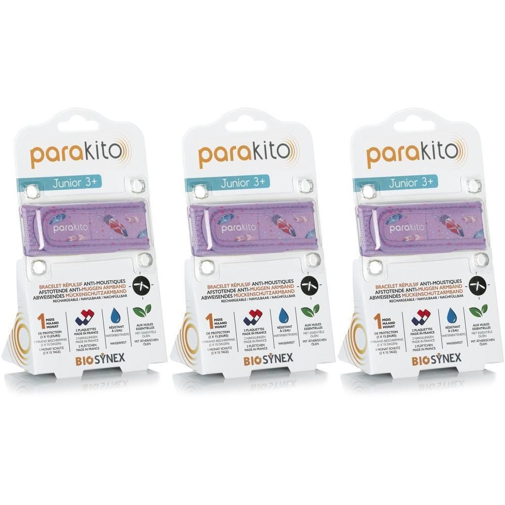 Drie verpakkingen ParaKito Junior 3+ armbanden. Paarse armbanden met patroon, witte verpakking met logo en pictogrammen.