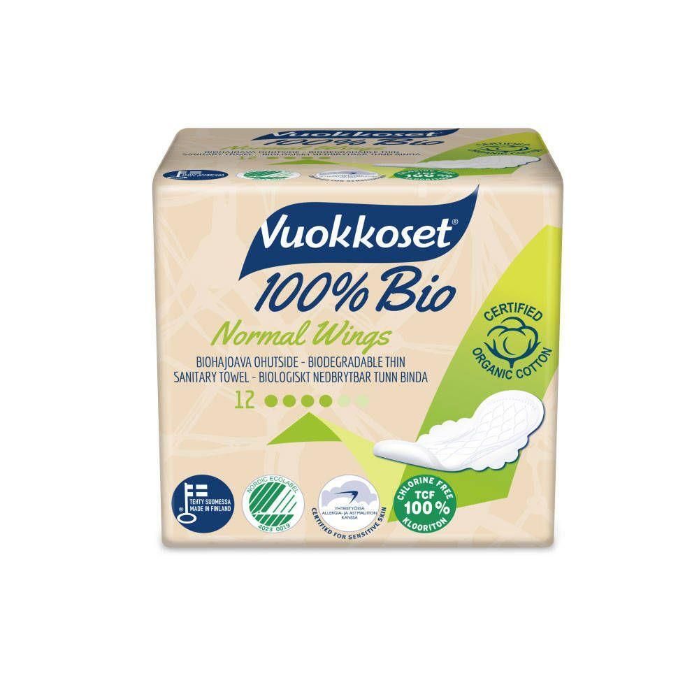 Paquet de Vuokkoset 100% Bio Normal Wings. Produit en coton biologique certifié. 12 unités. Avec ailettes. Sans chlore.