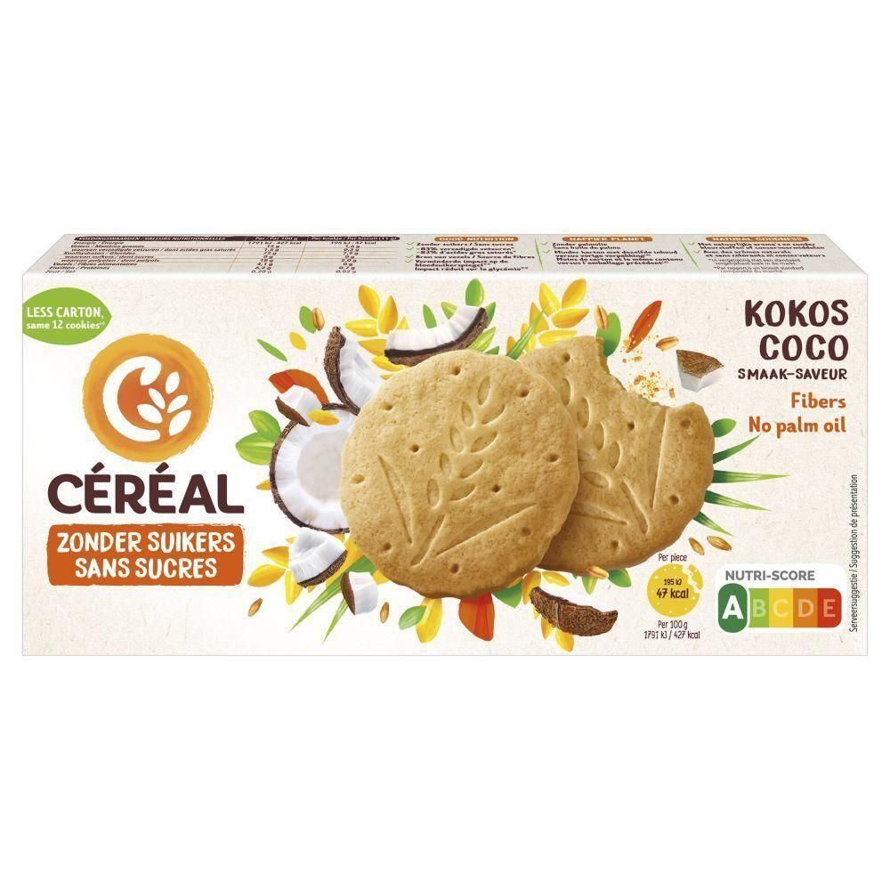 Verpakking Céréal kokoskoekjes. Opschrift: zonder suiker, vezels. Nutri-Score aanwezig. Ronde koekjes, beige kleur.