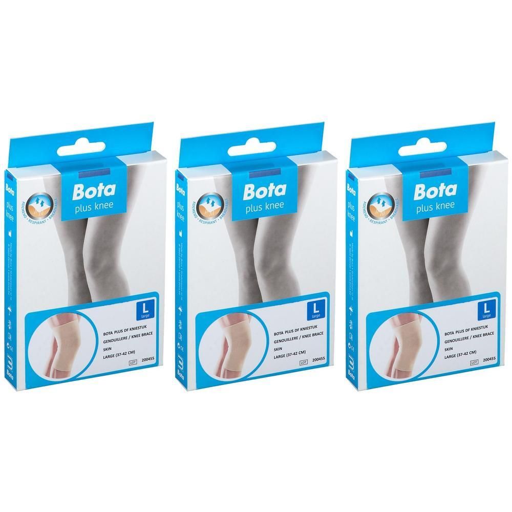 Trois boîtes de genouillères Bota Plus. Chaque boîte montre une jambe avec une genouillère et contient la taille L. Emballage bleu et blanc.