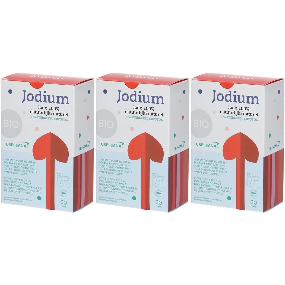 Trois boîtes de "Jodium BIO". Forme de cœur rouge sur fond blanc. Texte en néerlandais et français. 60 comprimés.