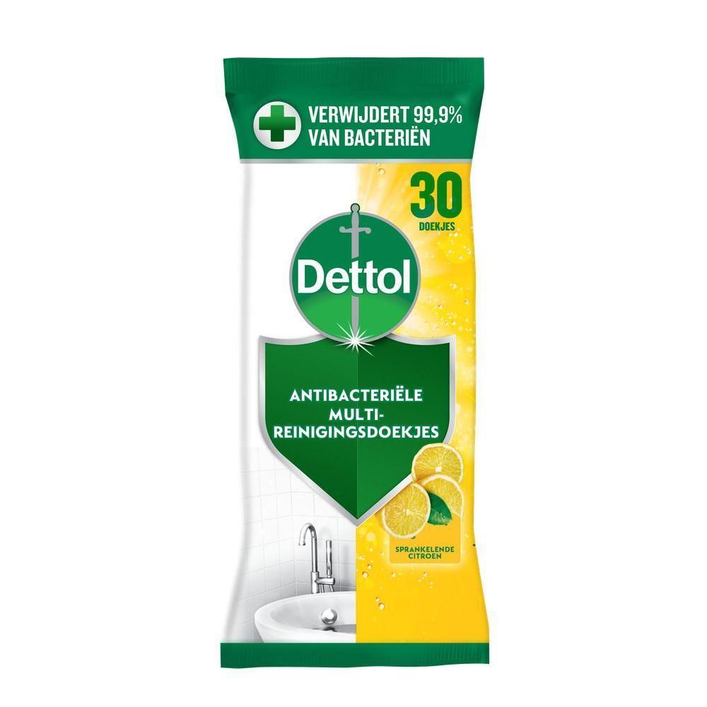 Verpakking Dettol antibacteriële reinigingsdoekjes, citroen. 30 doekjes. Verwijdert 99,9% van de bacteriën.