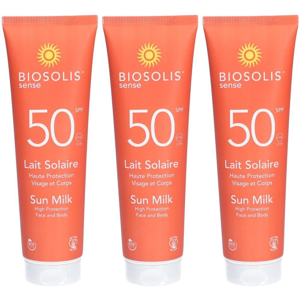 Trois tubes de BIOSOLIS Sense Lait Solaire SPF50. Tubes oranges avec bouchon blanc. Texte: Lait Solaire, Sun Milk, SPF 50.