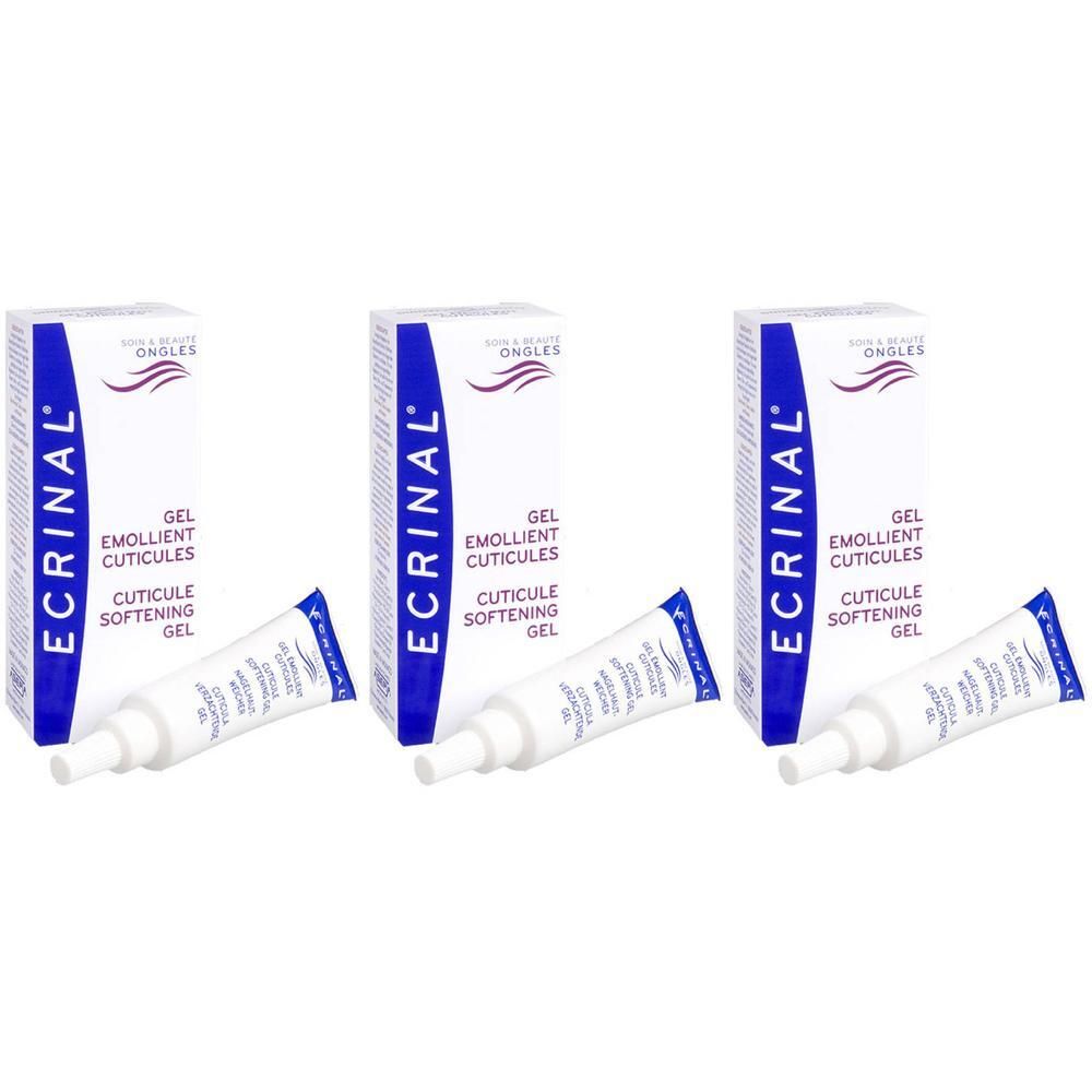 Drie verpakkingen en tubes Ecrinal Gel Emollient Cuticules. Witte tubes en dozen met blauwe tekst en logo.