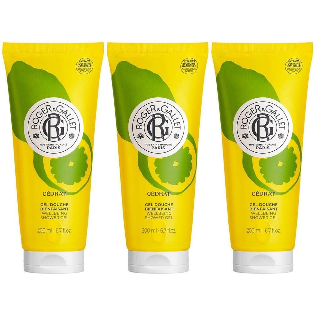 Trois tubes de gel douche jaune avec motif citron vert. Inscription: Cédrat, Gel Douche Bienfaisant.