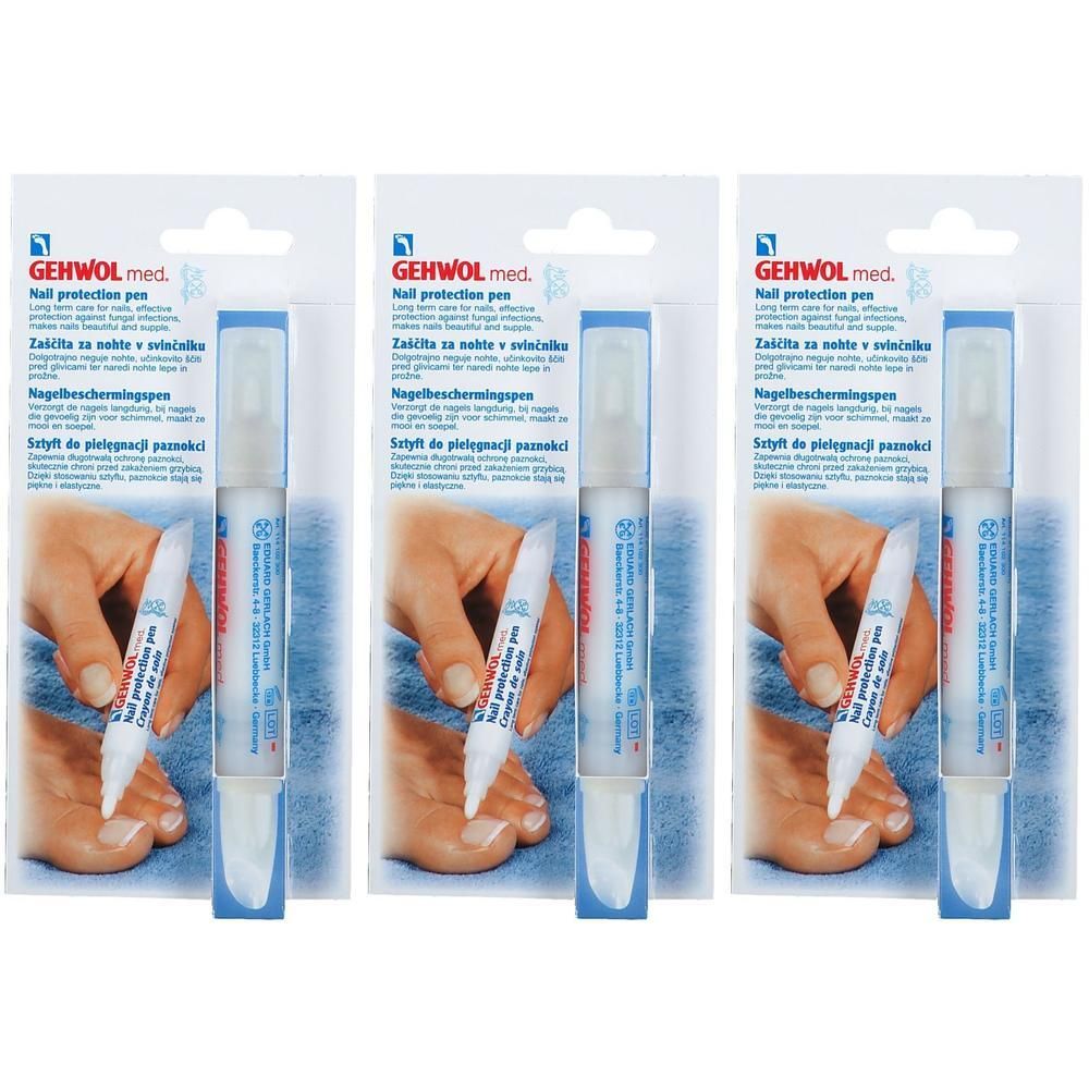 Drie pennen in verpakking. Opschrift: GEHWOL med. Nail protection pen. Pennen met witte behuizing en blauwe dop.