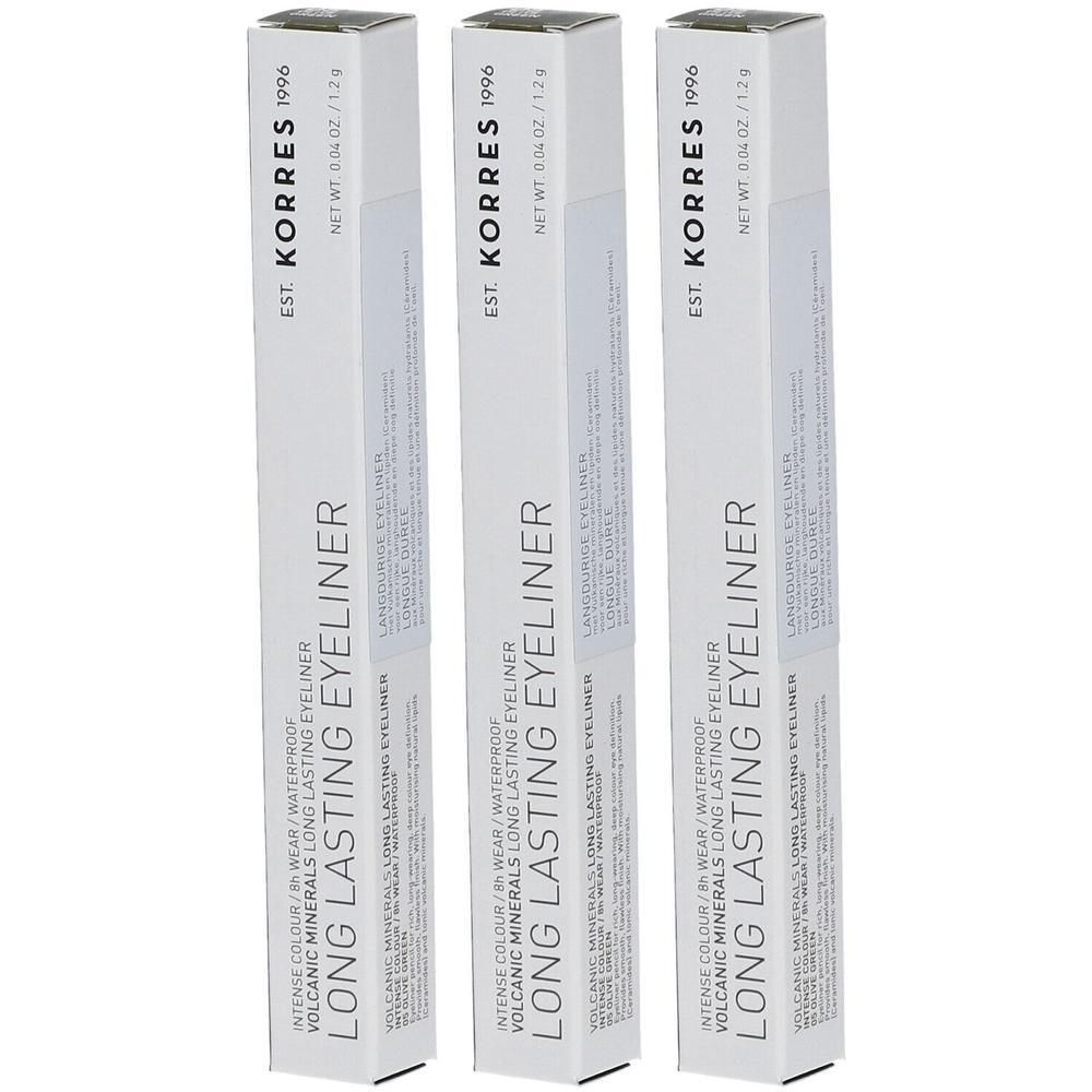 Drie langwerpige witte dozen met zwarte tekst. Gedrukt: Korres, Eyeliner, Long Lasting, Volcanic Minerals. Nettogewicht 0.04 oz / 1.2 g.