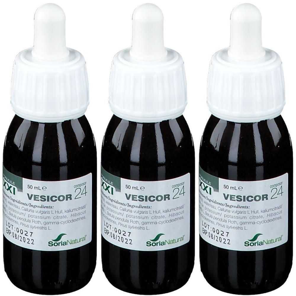 Trois flacons de Soria Natural Vesicor 24 avec compte-gouttes. Liquide noir, bouchon blanc. Étiquette avec texte.