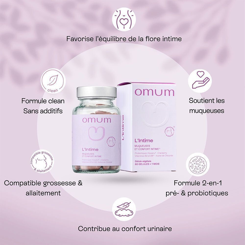 Omum L'intime, flacon et boîte. Texte : Favorise l'équilibre de la flore intime, formule 2-en-1, compatible grossesse et allaitement.