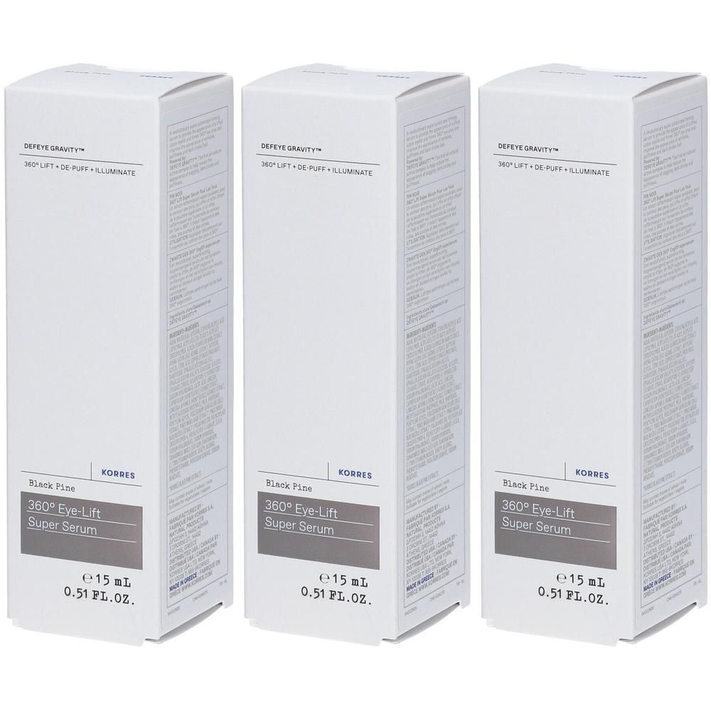 Trois boîtes blanches. Inscription: Korres Black Pine 360° Eye-Lift Super Serum. Volume: 15 ml.