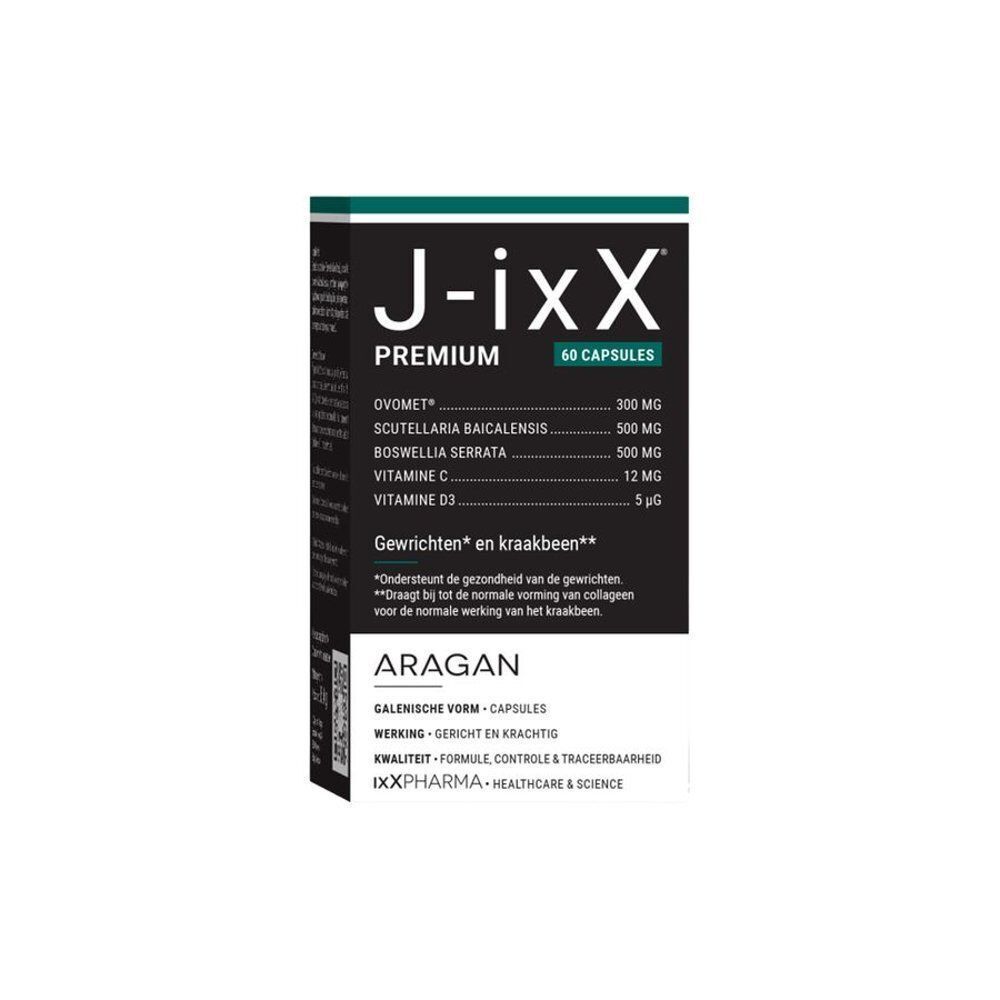 Boîte de gélules "J-ixx Premium". Contient 60 gélules. Emballage noir et blanc avec des accents verts. Informations sur les ingrédients.