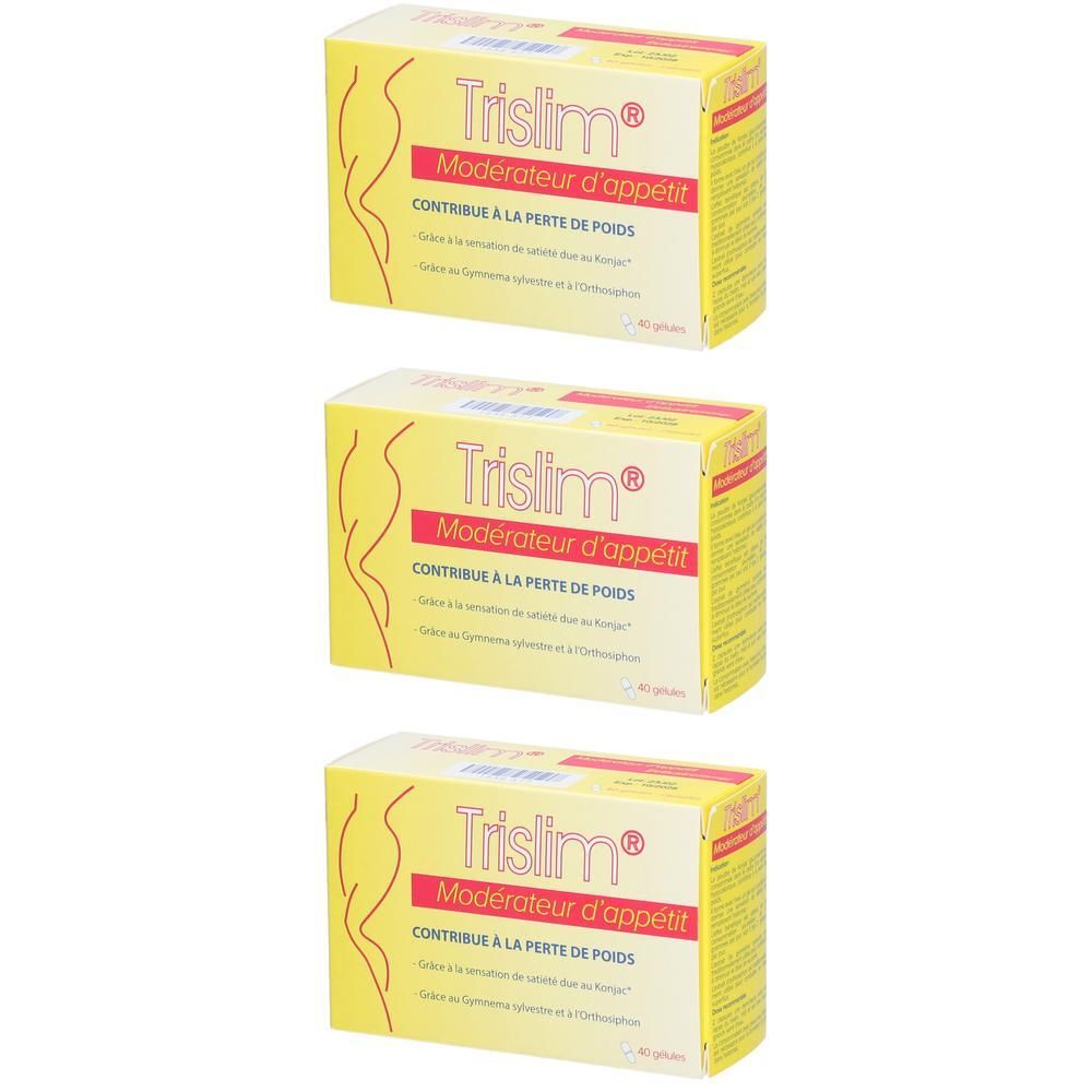Drie dozen Trislim®. Gele verpakking met rode tekst. Opschrift: Modérateur d'appétit, Contribue à la perte de poids.