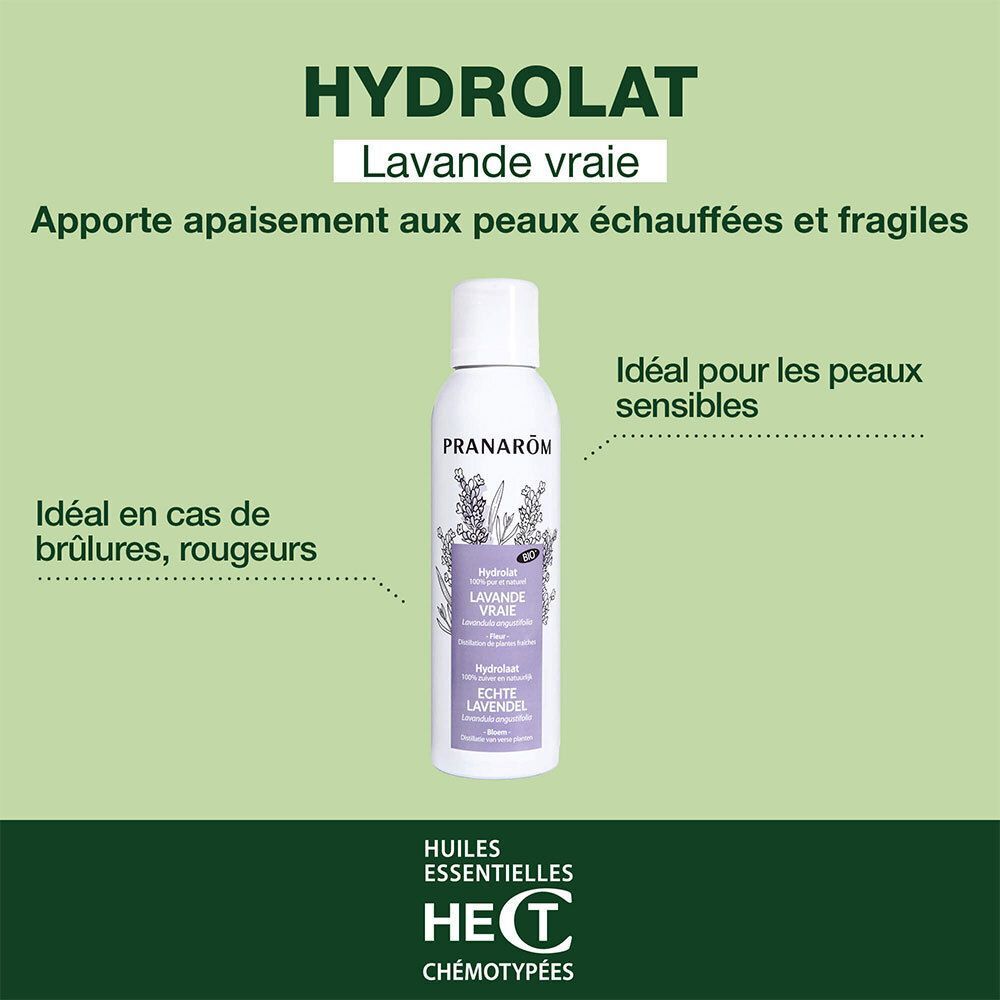 Flacon spray blanc avec étiquette violette. Texte: Pranarôm, Hydrolat Lavande Vraie, logo HECT.