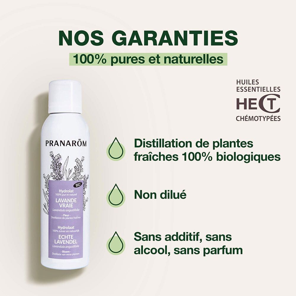 Flacon spray blanc avec étiquette violette. Texte: Pranarôm, Hydrolat Lavande Vraie, label bio, logo HECT.