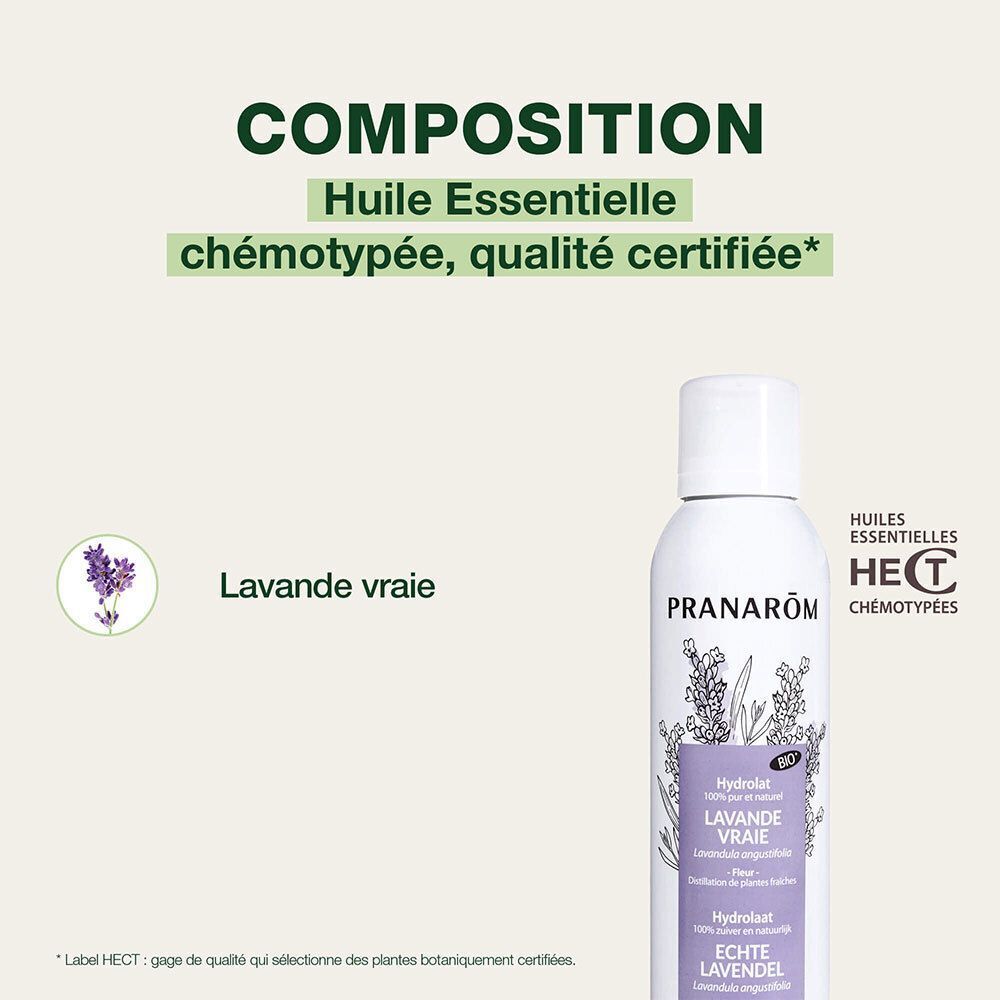 Flacon spray blanc avec étiquette violette. Texte: Pranarôm, Hydrolat Lavande Vraie, logo HECT, illustration lavande.