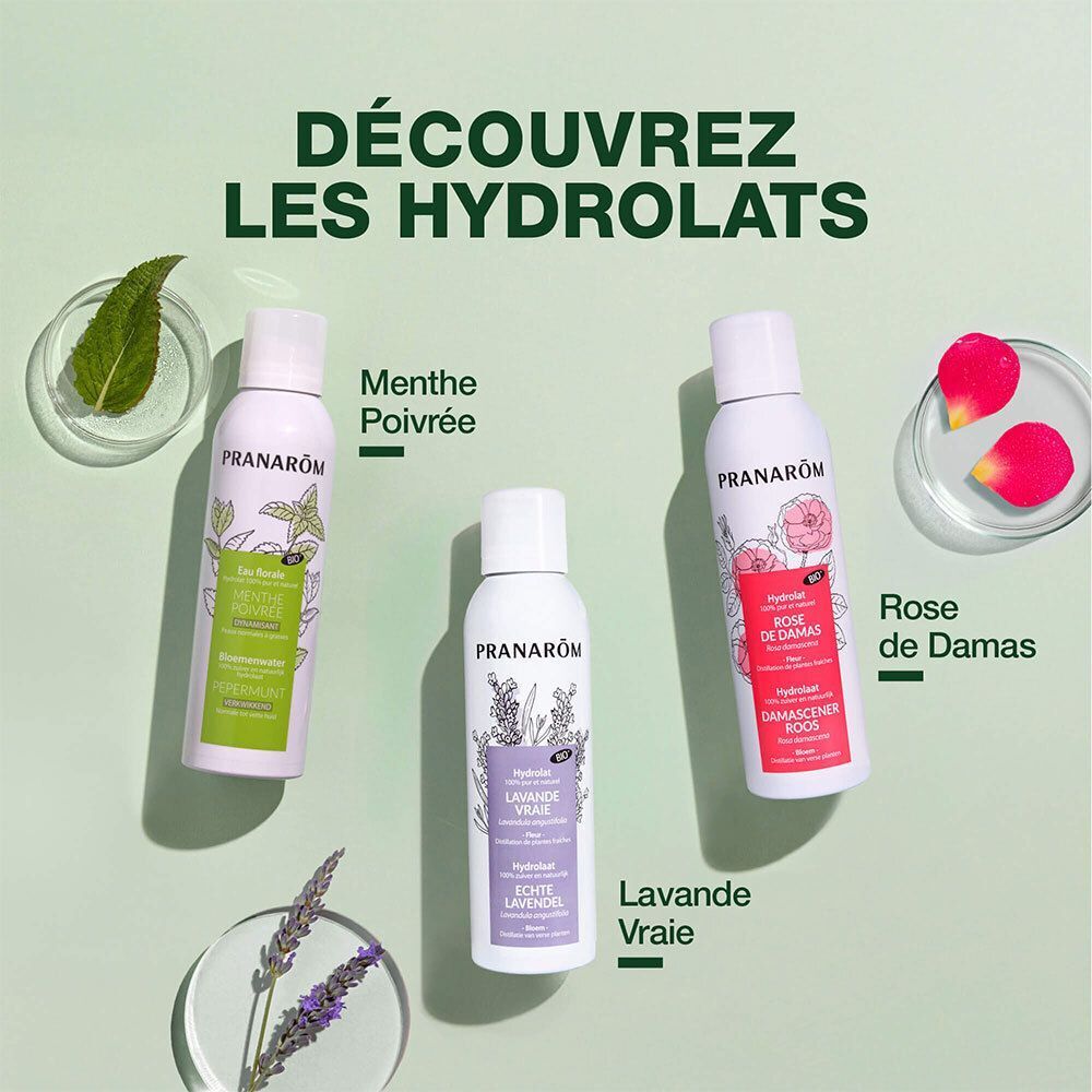 Trois flacons spray: Menthe, Rose, Lavande. Texte: Pranarôm, Hydrolat. Herbes et fleurs.
