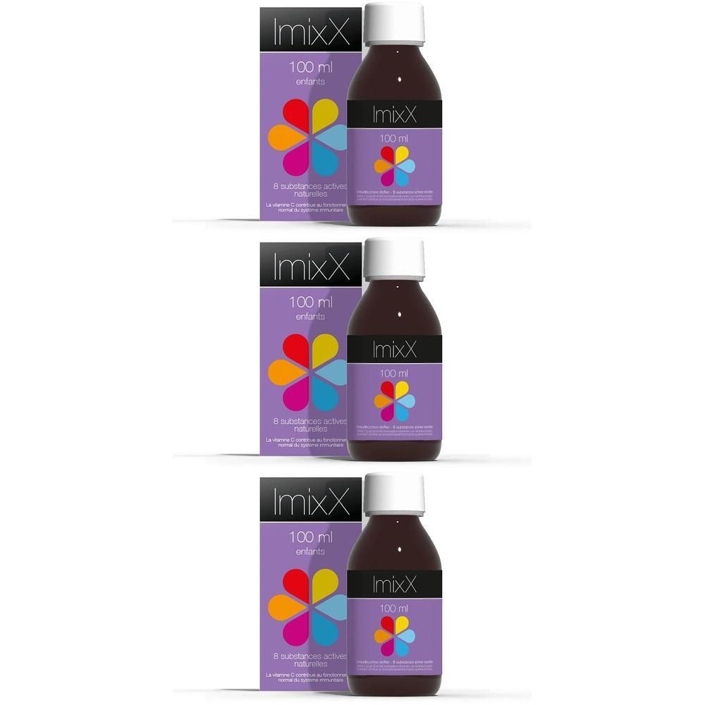 Trois flacons et emballages. Flacons avec liquide brun, bouchon blanc et étiquette violette. Emballage avec logo et texte.