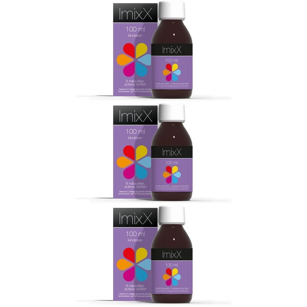 Drie flessen en verpakkingen. Flessen met bruine vloeistof, witte dop en paars etiket. Verpakking met logo en tekst.