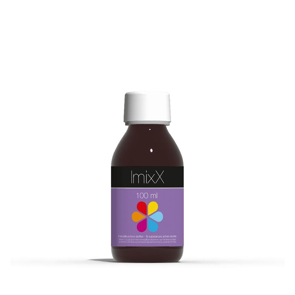 Une bouteille avec liquide brun, bouchon blanc et étiquette violette. Logo et texte sur l'étiquette. Sur fond blanc.