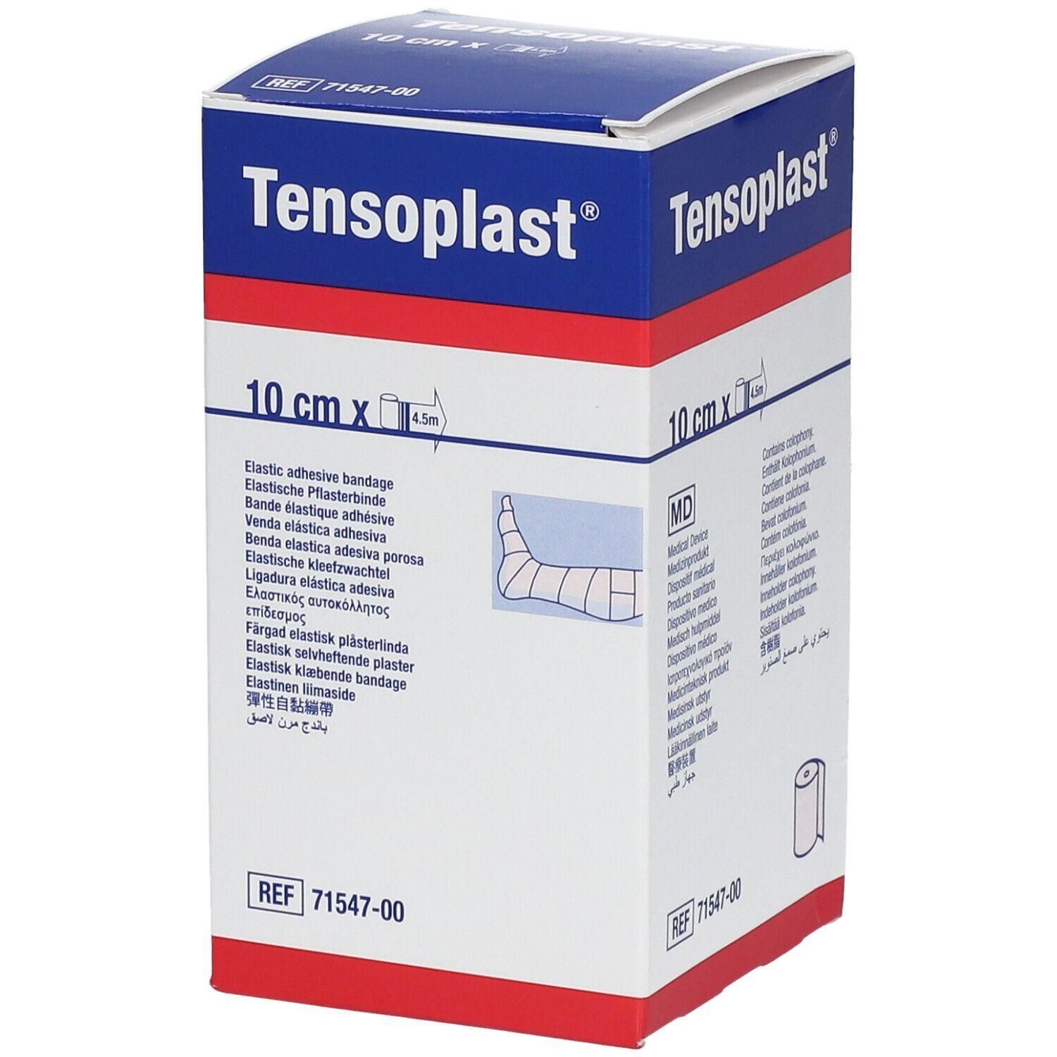 Tensoplast-verpakking. Rechthoekige doos met blauw deksel en rode bodem. Opschrift: Tensoplast, 10 cm x 4,5 m. Medisch hulpmiddel.