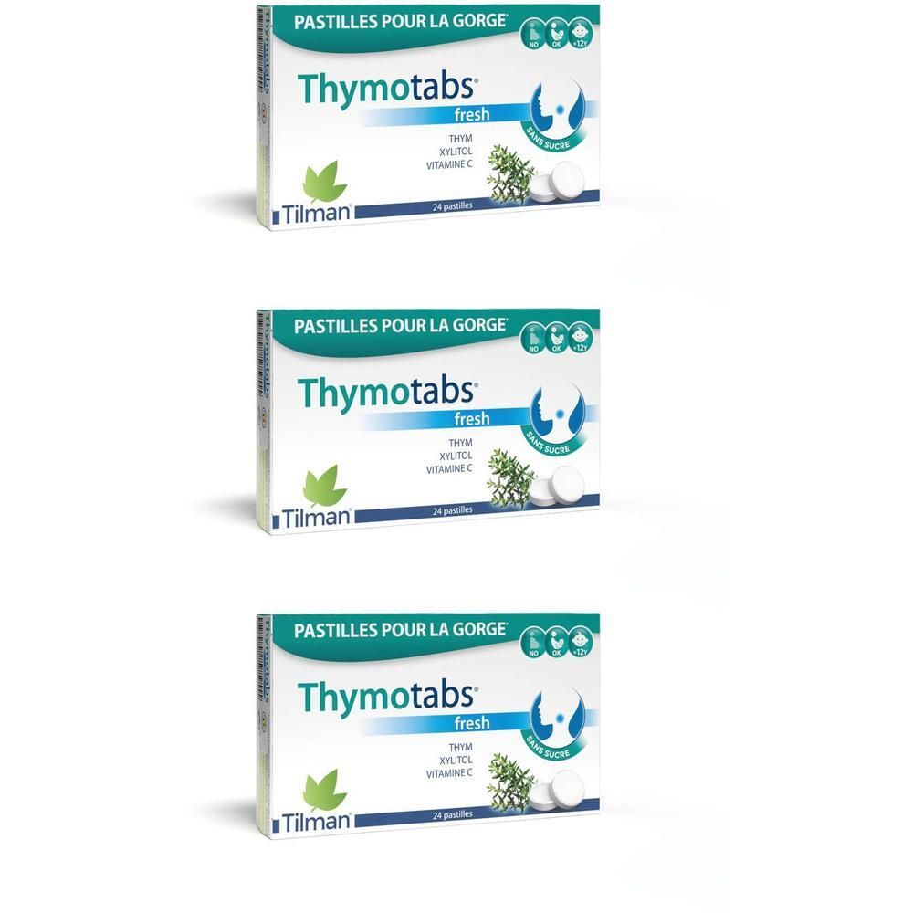 Trois boîtes de Thymotabs fresh, pastilles pour la gorge. Inscription: 24 pastilles. Marque Tilman.