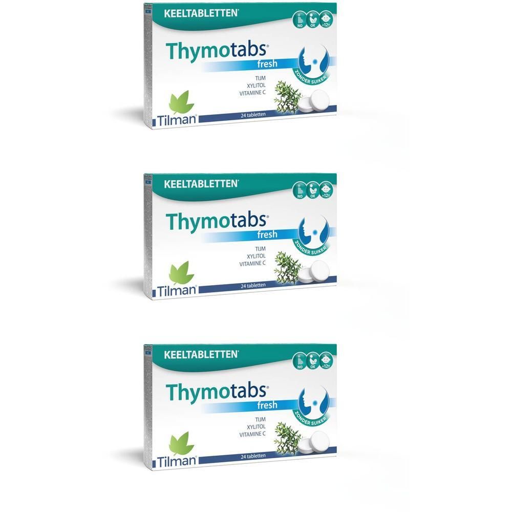 Drie dozen Thymotabs fresh, keeltabletten. Opschrift: 24 tabletten. Merk Tilman.