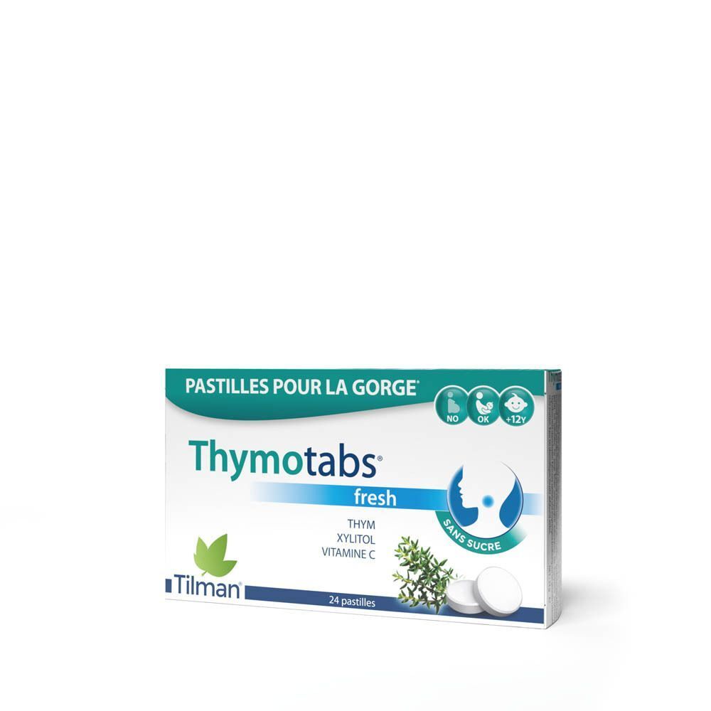 Boîte de Thymotabs fresh, pastilles pour la gorge. Inscription: 24 pastilles. Marque Tilman. Sans sucre.