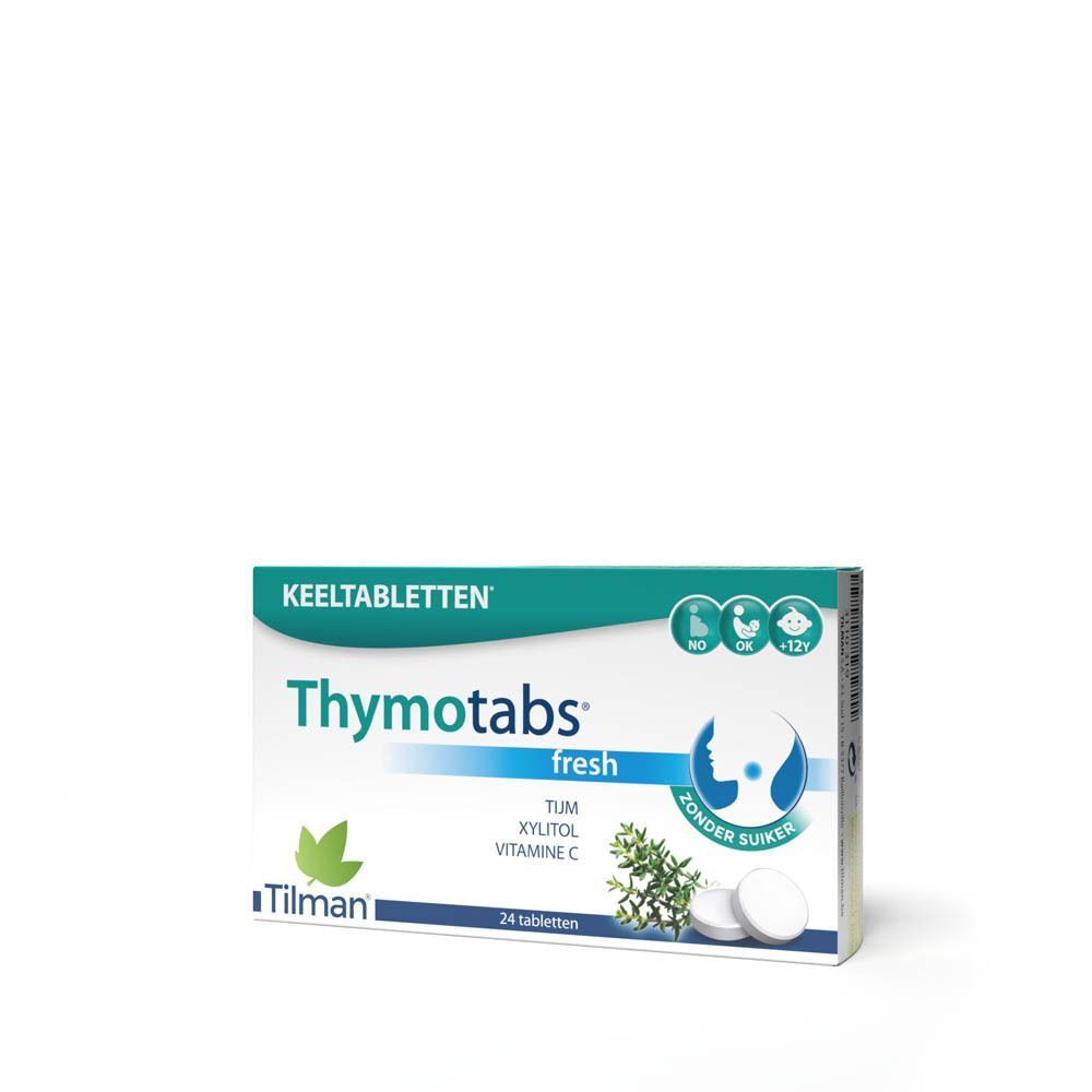 Doos Thymotabs fresh, keeltabletten. Opschrift: 24 tabletten. Merk Tilman. Zonder suiker.