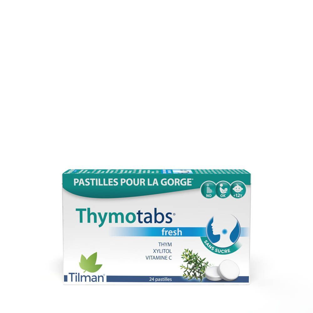 Boîte de Thymotabs fresh, pastilles pour la gorge. Inscription: 24 pastilles. Marque Tilman. Sans sucre.