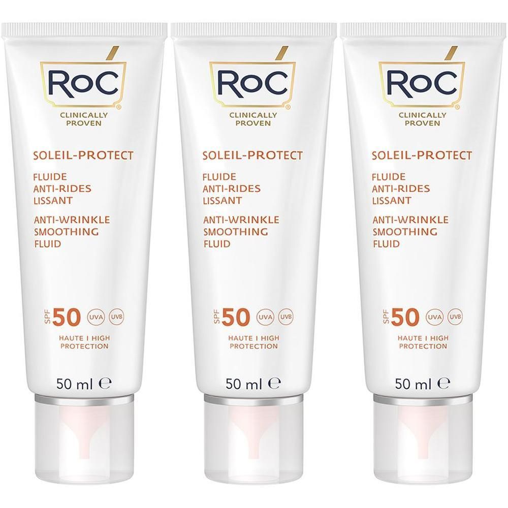 Drie tubes RoC Soleil-Protect Fluide. Wit, bruine tekst. Tekst: Soleil-Protect, Anti-Rides, SPF 50, 50 ml.