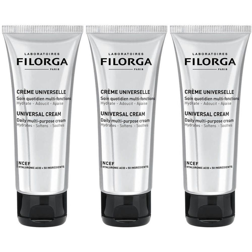Drie tubes Filorga CRÈME UNIVERSELLE. Zilveren tubes met zwarte dop. Tekst: CRÈME UNIVERSELLE, UNIVERSAL CREAM.