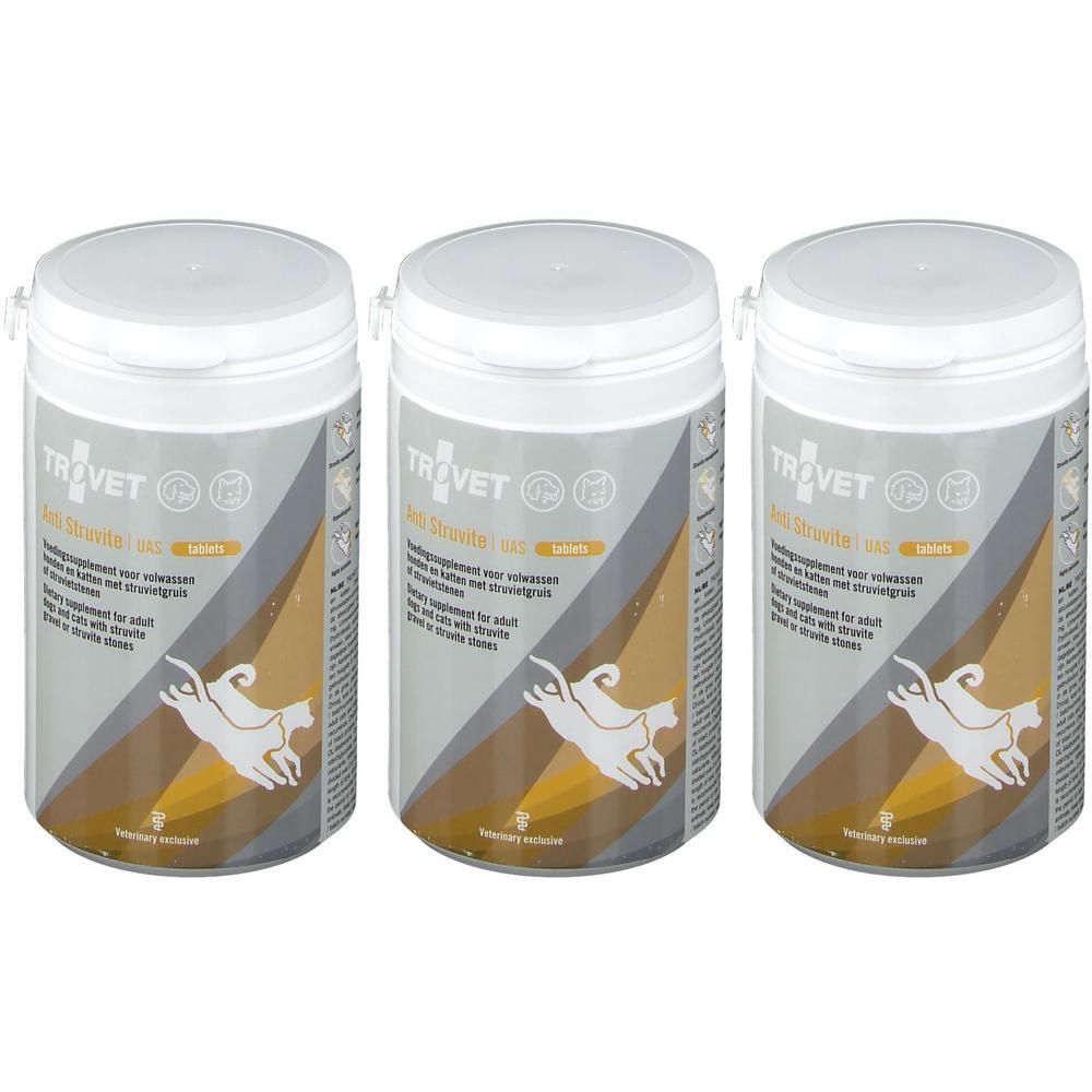 Drie witte potten met deksels. Opschrift: TROVET Anti-struvite | UAS. Product voor honden en katten.