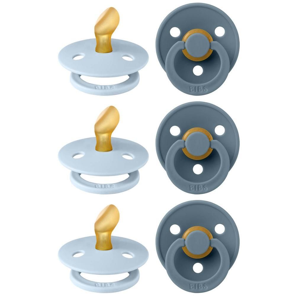 Trois sucettes bleues et jaunes. Forme ronde, avec anneau et tétine. Logo BIBS sur l'anneau.
